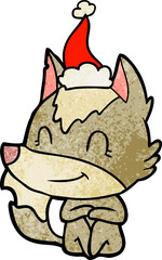 friendly hand drawn textured cartoon of a wolf wearing santa hat