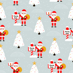 Seamless christmas pattern with santa claus and north pole on gray background for wrapping paper