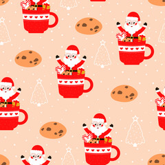 Seamless christmas pattern with santa claus and cookies on light orange background for wrapping paper