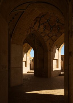 Vertical shot of the interior of Agha Bozorg mosque in Iran.