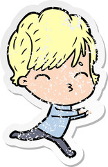 distressed sticker of a cartoon woman thinking