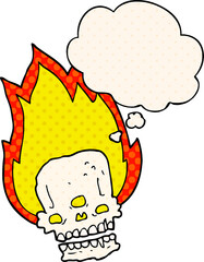 spooky cartoon flaming skull with thought bubble in comic book style