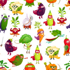 Cartoon vegetables superhero seamless pattern. Vector background with cauliflower, eggplant, squash and cucumber, radish, garlic, broccoli, tomato and spinach. Pumpkin, carrot, red pepper and avocado