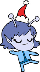 smiling alien girl hand drawn line drawing of a wearing santa hat