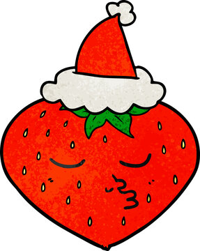 Hand Drawn Textured Cartoon Of A Strawberry Wearing Santa Hat