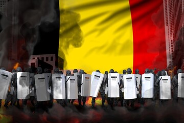 Belgium protest fighting concept, police special forces on city street are protecting country against mutiny - military 3D Illustration on flag background