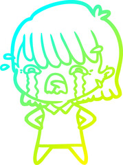 cold gradient line drawing of a cartoon girl crying