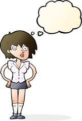 cartoon surprised woman with hands on hips with thought bubble