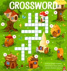 Cartoon gnome houses in fairy forest crossword grid worksheet, find a word quiz game. Vector crossword for kids with carrot, stump, acorn, trunk, tree, mushroom, beehive, shell fantasy dwellings