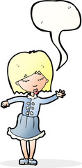 cartoon waving woman with speech bubble