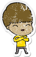 distressed sticker of a happy cartoon boy