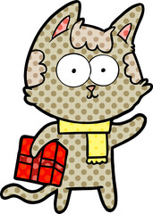 happy cartoon cat with christmas present