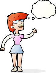 cartoon woman in spectacles waving with thought bubble