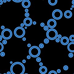 Geometric abstract seamless pattern of random arranged azure rings with dots texture on black background.Round shapes halftone point wallpaper.For stationery covers,trendy textiles,fashionable fabrics