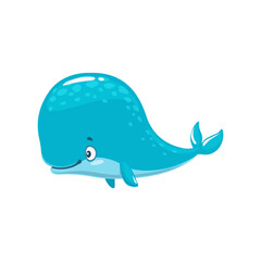 Cartoon sperm whale or cachalot character. Isolated vector sea animal, ocean mammal creature with blue skin. Friendly aquatic personage for game or book, marine fauna, biodiversity, nature wildlife