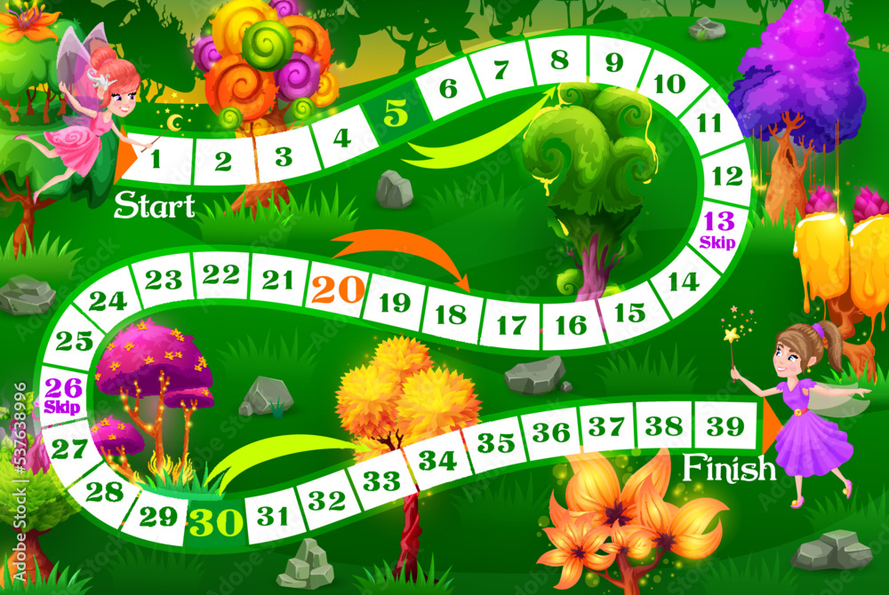 Poster kids board game fairy characters in magic trees forest. vector step boardgame worksheet with block s