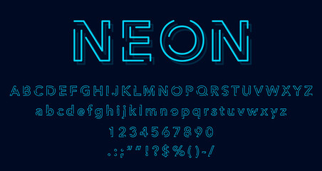 Slim neon font type, typeface letters and signs, vector alphabet text typography. Neon light or night glow ABC font of electric lamps, bar or casino fluorescent blue LED line typeface letters, numbers