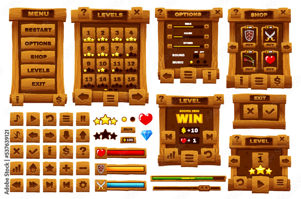 Poster wooden button, cartoon vector interface ui or game gui elements. wood texture controls and user boar