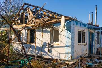 War in Ukraine. 2022 Russian invasion of Ukraine. Countryside. Destroyed house after the battle....