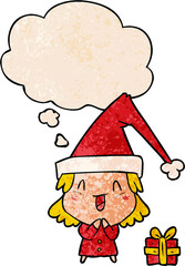 cartoon girl wearing christmas hat with thought bubble in grunge texture style