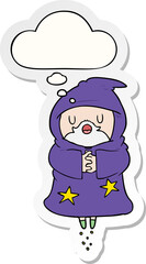 cartoon floating wizard with thought bubble as a printed sticker