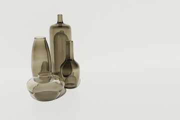 Various tinted glass vases decor onwhite background 3d render.