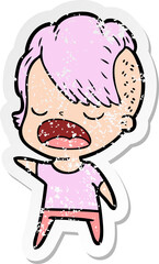 distressed sticker of a cartoon cool hipster girl talking