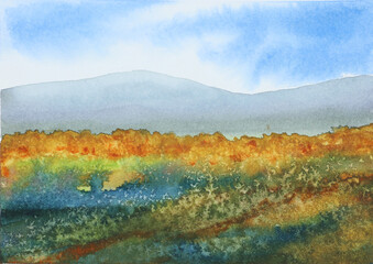 #483 Original abstract watercolor painting of a landscape with a blue sky and meadow and plenty of text area.