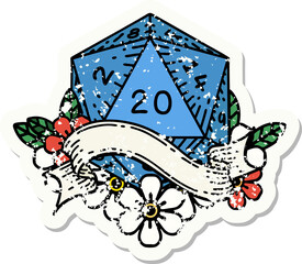 grunge sticker of a natural twenty D20 dice roll