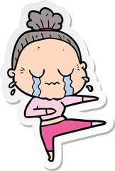sticker of a cartoon old dancer woman crying