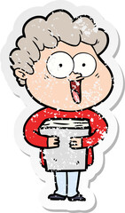 distressed sticker of a cartoon happy man