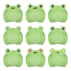 Icon set with green and cute frog. Different emotions: happiness, sadness, anger. Vector.