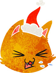 spitting hand drawn retro cartoon of a cat face wearing santa hat