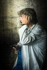 doctor dressed in the blue surgical suit and white coat consulting a mobile phone