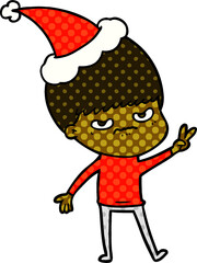 annoyed hand drawn comic book style illustration of a boy wearing santa hat
