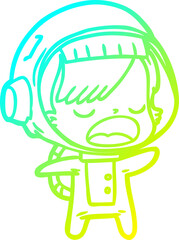 cold gradient line drawing of a cartoon talking astronaut woman