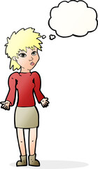 cartoon woman shrugging shoulders with thought bubble