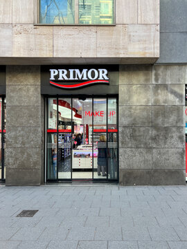 MADRID, SPAIN - MARCH 31, 2022. Primor logo on Primor store. Primor is a spanish company for perfumes, cosmetics, toiletries, and body care