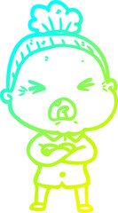 cold gradient line drawing of a cartoon angry old woman