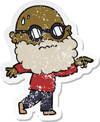 distressed sticker of a cartoon worried man with beard and spectacles pointing finger