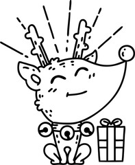 illustration of a traditional black line work tattoo style christmas reindeer with present