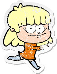 distressed sticker of a cartoon smiling woman