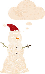 cartoon snowman with thought bubble in grunge distressed retro textured style