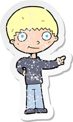 retro distressed sticker of a cartoon happy boy pointing