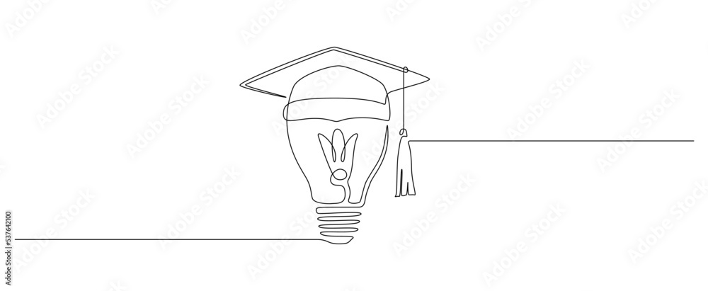 Fototapete one continuous line drawing of light bulb with graduation hat. lightbulb lamp symbol of smart and in