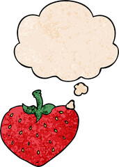 cartoon strawberry with thought bubble in grunge texture style