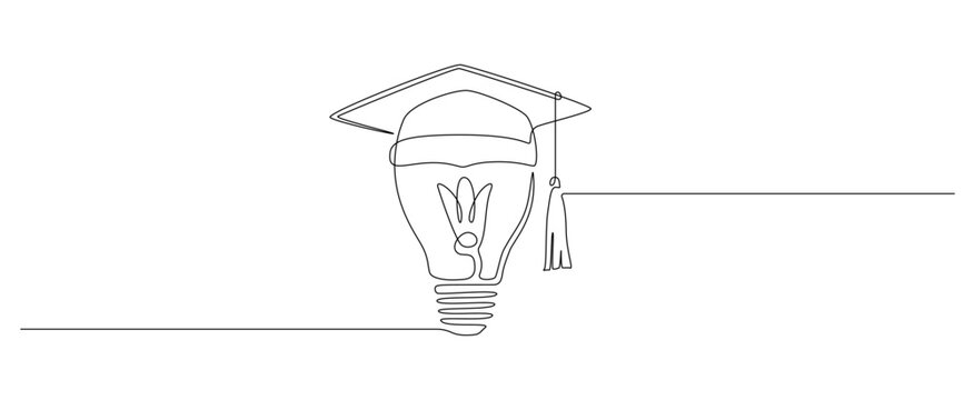 One continuous line drawing of Light Bulb with Graduation Hat. Lightbulb lamp symbol of smart and innovation education and study in simple linear style. Success knowledge concept. Vector illustration