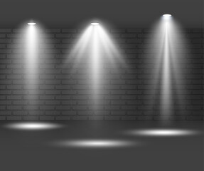  Set of spotlight shines on the stage, scene, podium. Bright lighting with spotlights. Spot lighting of the stage. Lens flash light effect from a lamp or spot. 
