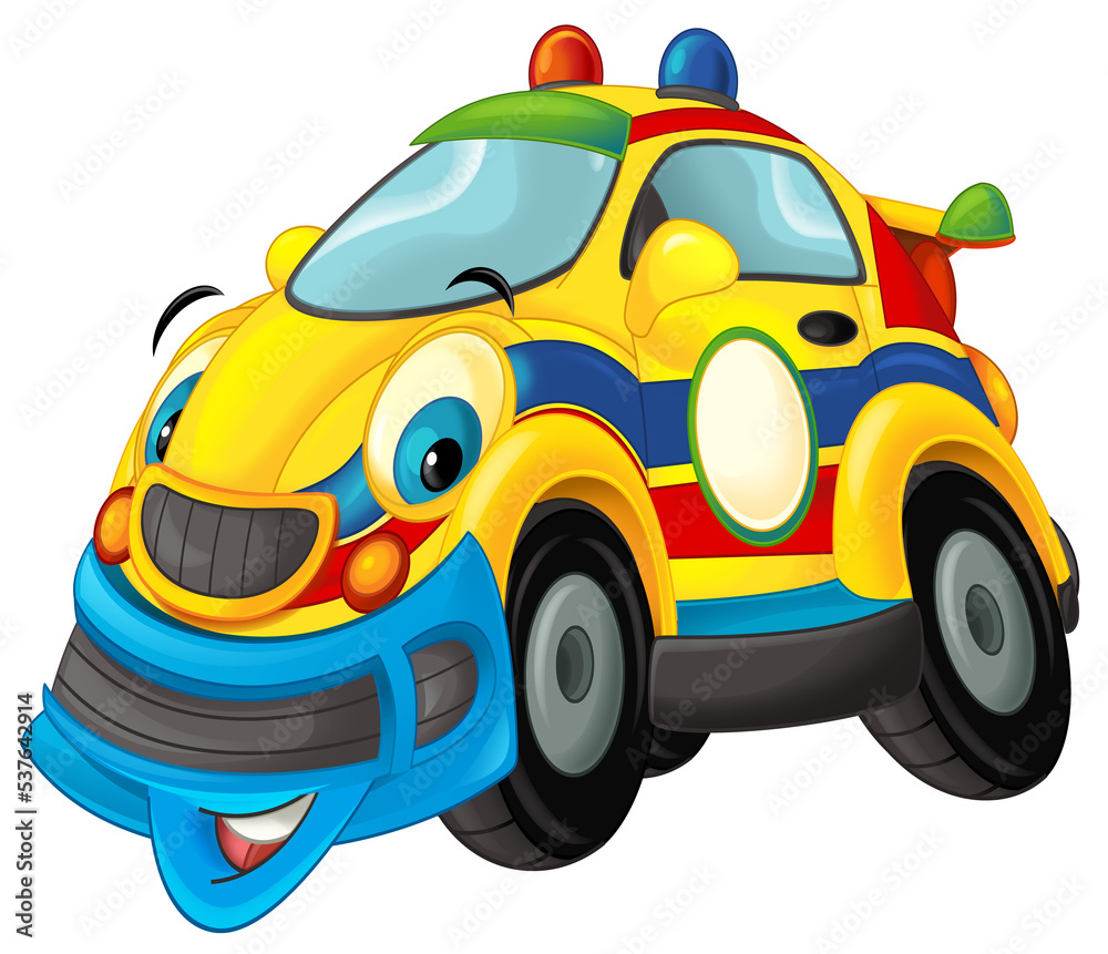 Wall mural cartoon scene with funny looking ambulance sedan illustration for children