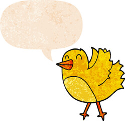 cartoon bird with speech bubble in grunge distressed retro textured style